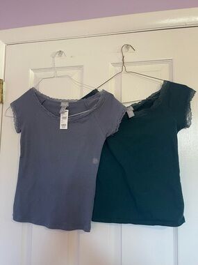 Lace-Trim Short Sleeve Tops - Dusty Blue (with tags) and Green (worn once)